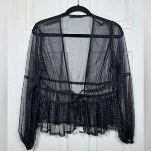 Hesperus Sheer Black Gold Dot Mesh Tie Front Ruffle Blouse XL Whimsigoth Fairy